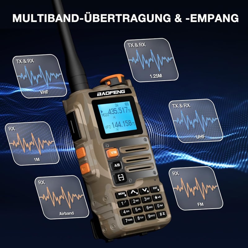 BAOFENG K63 6W amatőr kézirádió triszsávos UHF VHF 1.25 m, AM/FM vevő 2600 mAh, 999 csatorna, sivatagi terepszín