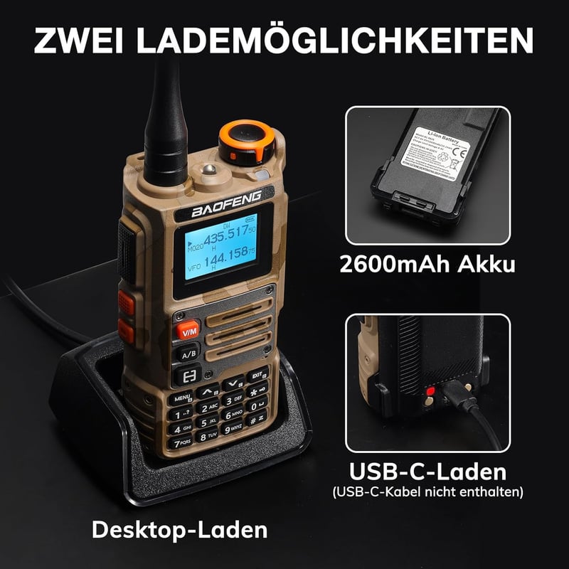 BAOFENG K63 6W amatőr kézirádió triszsávos UHF VHF 1.25 m, AM/FM vevő 2600 mAh, 999 csatorna, sivatagi terepszín