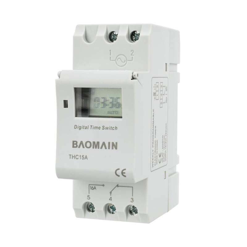 Digitálny LCD programovateľný časový spínač Baomain THC15A, 12V DC, 16A, montáž na DIN lištu