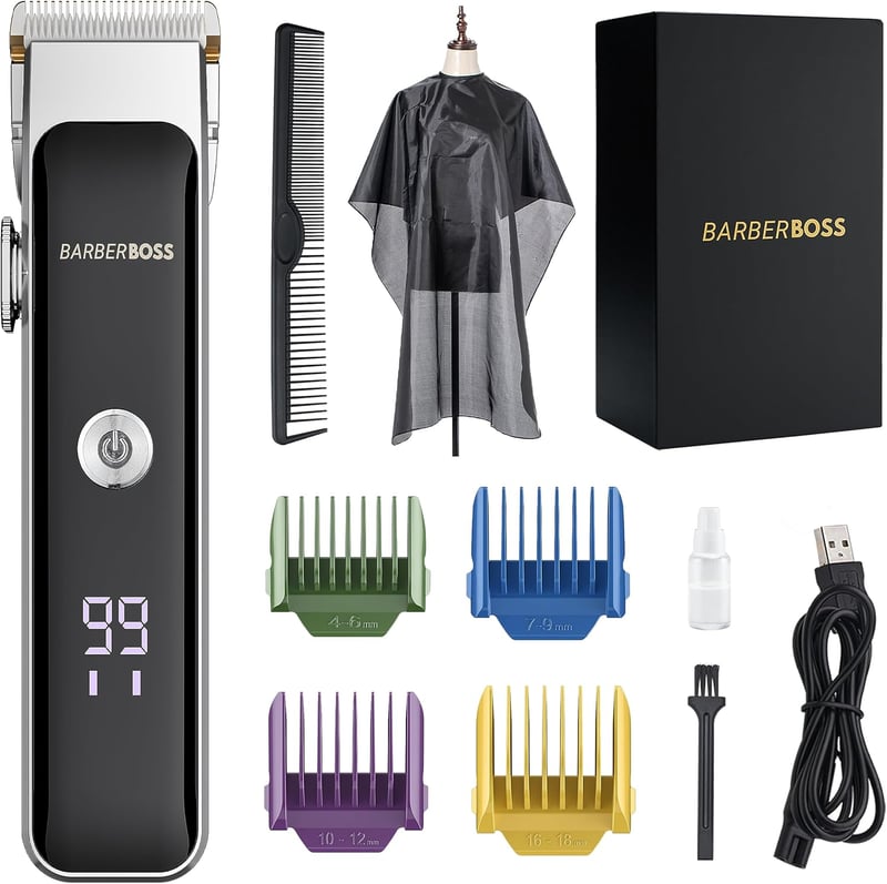 BarberBoss Professzionális Szakáll- és Hajvágó Férfiaknak, Precíziós Gombbal, 2 Sebességfokozattal, USB Töltéssel, Kerámia-Titánium Pengével