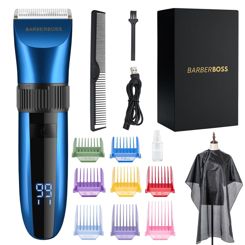 Mașină de tuns părul și barba fără fir BarberBoss QR-2082 cu lame ceramice auto-ascuțite, rezistentă la apă, cu afișaj LED, încărcare rapidă și 8 accesorii de pieptene