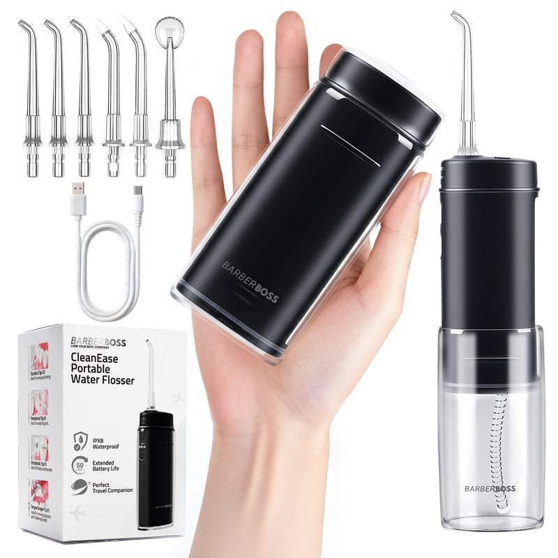 Duș bucal portabil BarberBoss QR-7112 negru, irigator bucal wireless de călătorie, 3 niveluri de presiune, 6 duze, rezervor telescopic IPX8, încărcare USB-C