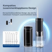 Duș bucal portabil BarberBoss QR-7112 negru, irigator bucal wireless de călătorie, 3 niveluri de presiune, 6 duze, rezervor telescopic IPX8, încărcare USB-C 8