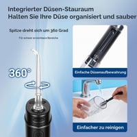 Duș bucal portabil BarberBoss QR-7112 negru, irigator bucal wireless de călătorie, 3 niveluri de presiune, 6 duze, rezervor telescopic IPX8, încărcare USB-C 7