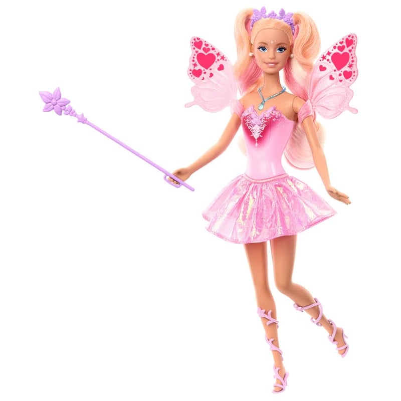 Bábika Barbie Fantasy víla s meniacimi sa krídlami a outfitom, čarovným prútikom a módnymi doplnkami, JCP76