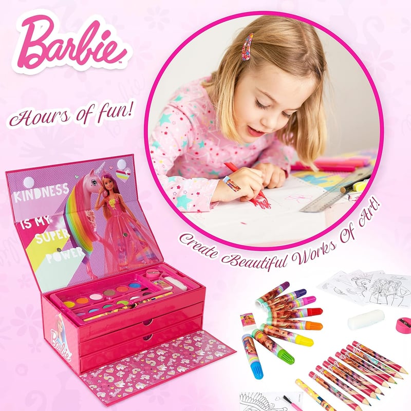 Barbie Festékszett Ceruzákkal, Filctollakkal, Akvarellel és Viaszos Krétákkal