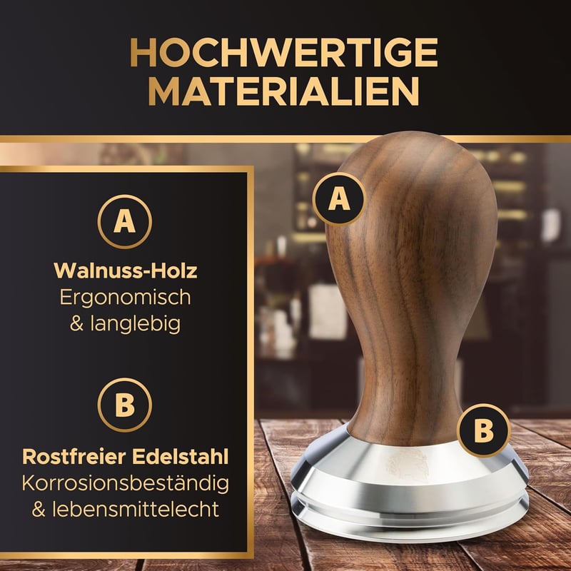BaristaLegends 58,5 mm Espresso Tamper Rozsdamentes Acél Fa Nyéllel Profi Kávéhoz