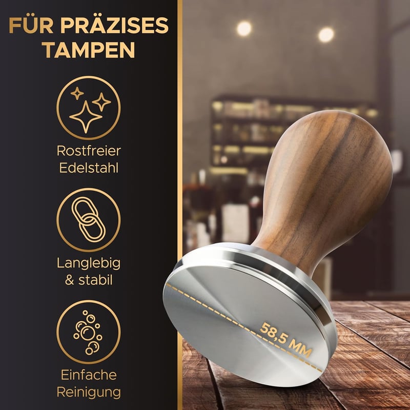 BaristaLegends 58,5 mm Espresso Tamper Rozsdamentes Acél Fa Nyéllel Profi Kávéhoz