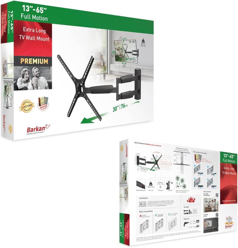 Barkan BM343XL hosszú TV fali tartó 13-65 colos mozgatható konzol 36,2 kg-ig - 76 cm Lange