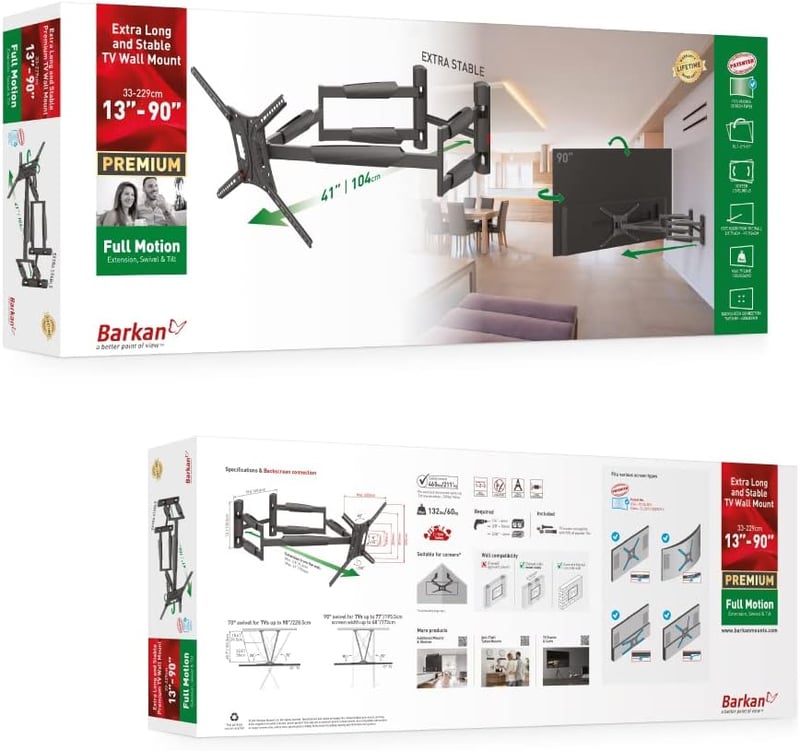 Barkan TV Fali Tartó 13-90 Hüvelyk Dupla Karos Forgatható Dönthető Konzol LED OLED LCD Televízióhoz 60kg Teherbírás VESA 600x400