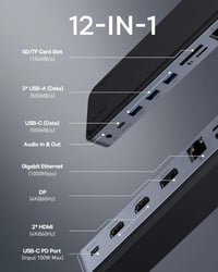 Dokovacia stanica Baseus 12 v 1 pre notebooky, Triple Display, 2x 4K HDMI, DP, 100W PD, 3x USB 3.0, USB-C, Gigabit Ethernet, čítačka SD/TF kariet, pre MacBook, Dell, HP, Surface 2