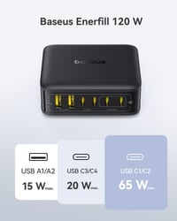 Stație de încărcare Baseus 120W GaN USB-C cu 6 porturi, încărcare rapidă PD și PPS, compatibilă cu MacBook Pro/Air, iPad Pro, iPhone 16, Galaxy S24 Ultra, Steam Deck 9