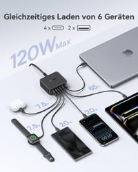Stație de încărcare Baseus 120W GaN USB-C cu 6 porturi, încărcare rapidă PD și PPS, compatibilă cu MacBook Pro/Air, iPad Pro, iPhone 16, Galaxy S24 Ultra, Steam Deck 2