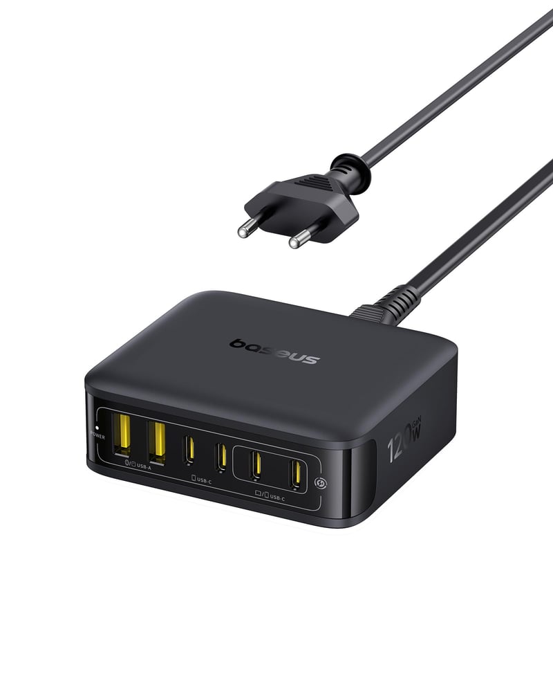 Stație de încărcare Baseus 120W GaN USB-C cu 6 porturi, încărcare rapidă PD și PPS, compatibilă cu MacBook Pro/Air, iPad Pro, iPhone 16, Galaxy S24 Ultra, Steam Deck