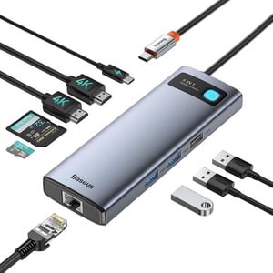 Baseus 9-u-1 USB-C priključna stanica 4K@120Hz, 2×HDMI, 1000Mbps, 100W PD – srebrno-siva