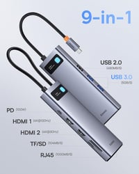 Baseus 9 az 1-ben USB-C dokkolóállomás 4K@120Hz, 2×HDMI, 1000Mbps, 100W PD - ezüstszürke 2