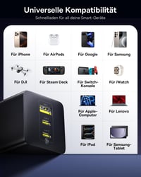 Încărcător USB-C Baseus Enerfill 100W, Încărcător rapid GaN cu 3 porturi PD PPS, Compatibil cu MacBook Pro/Air, iPad, iPhone 17/16/15/14, Galaxy S25, Negru 7