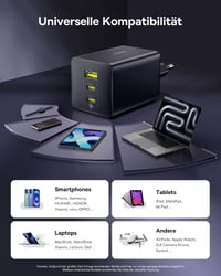 Încărcător USB-C Baseus Enerfill 100W, Încărcător rapid GaN cu 3 porturi PD PPS, Compatibil cu MacBook Pro/Air, iPad, iPhone 17/16/15/14, Galaxy S25, Negru 6