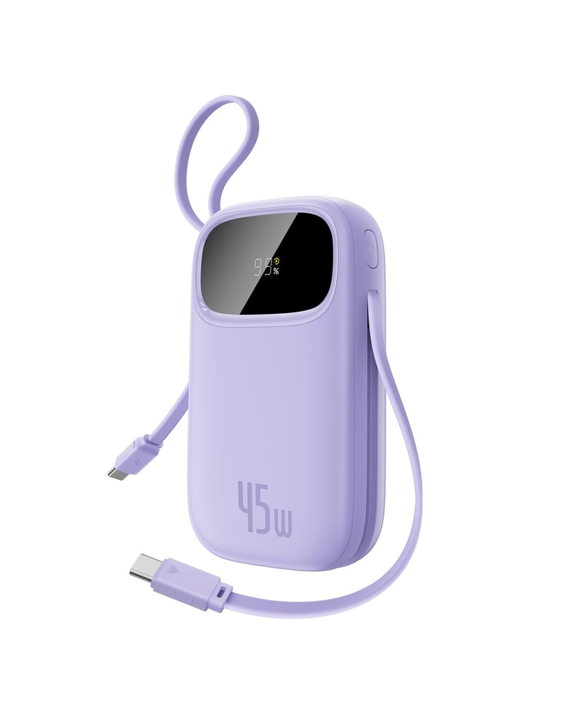 Powerbanka Baseus QPow3 20000 mAh 45 W fialová, so vstavaným USB-C káblom, PD3.0 QC4.0, 3x USB-C + 1x USB-A, pre iPhone 17/16/15 Pro Max, iPad, Galaxy