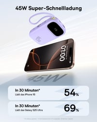 Powerbanka Baseus QPow3 20000 mAh 45 W fialová, so vstavaným USB-C káblom, PD3.0 QC4.0, 3x USB-C + 1x USB-A, pre iPhone 17/16/15 Pro Max, iPad, Galaxy 2
