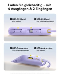 Powerbanka Baseus QPow3 20000 mAh 45 W fialová, so vstavaným USB-C káblom, PD3.0 QC4.0, 3x USB-C + 1x USB-A, pre iPhone 17/16/15 Pro Max, iPad, Galaxy 4