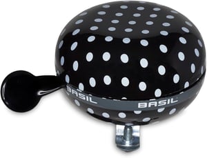 Cyklistický zvonček Basil Polkadot – čierny s bielymi bodkami – 80 mm