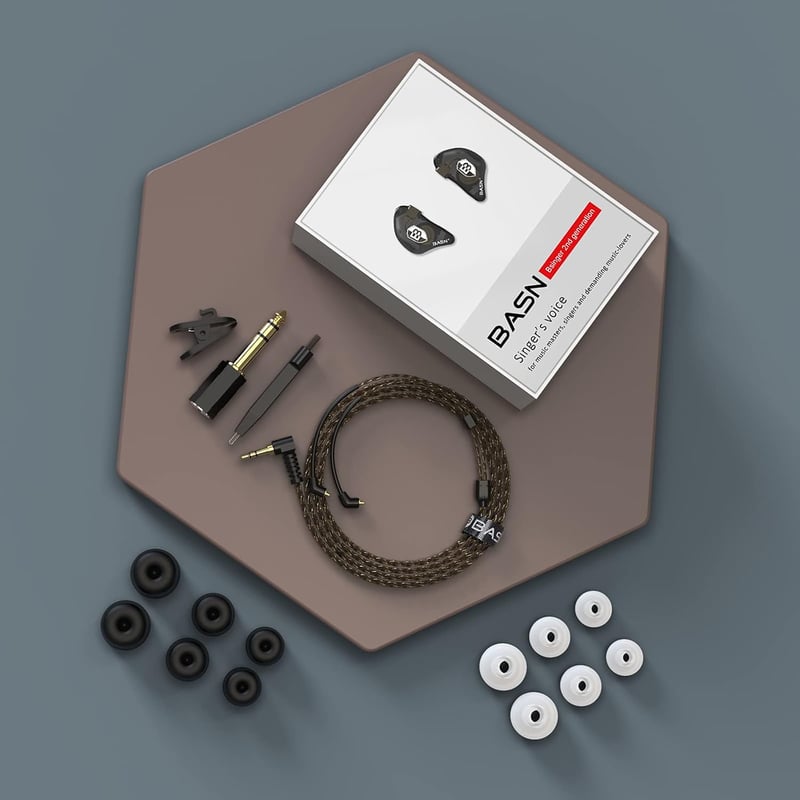 BASN in-Ear monitor fülhallgató fekete, zajszűrős, dupla dinamikus meghajtó, kivehető MMCX kábel, vezetékes művészeknek