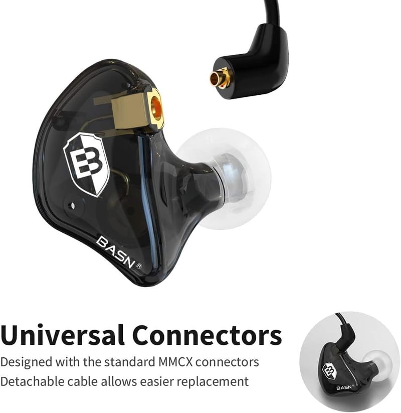 BASN in-Ear monitor fülhallgató fekete, zajszűrős, dupla dinamikus meghajtó, kivehető MMCX kábel, vezetékes művészeknek