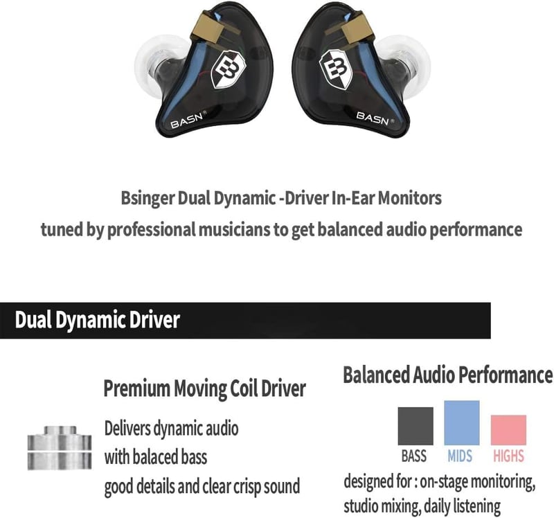 BASN in-Ear monitor fülhallgató fekete, zajszűrős, dupla dinamikus meghajtó, kivehető MMCX kábel, vezetékes művészeknek