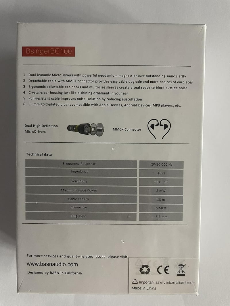 BASN in-Ear monitor fülhallgató fekete, zajszűrős, dupla dinamikus meghajtó, kivehető MMCX kábel, vezetékes művészeknek