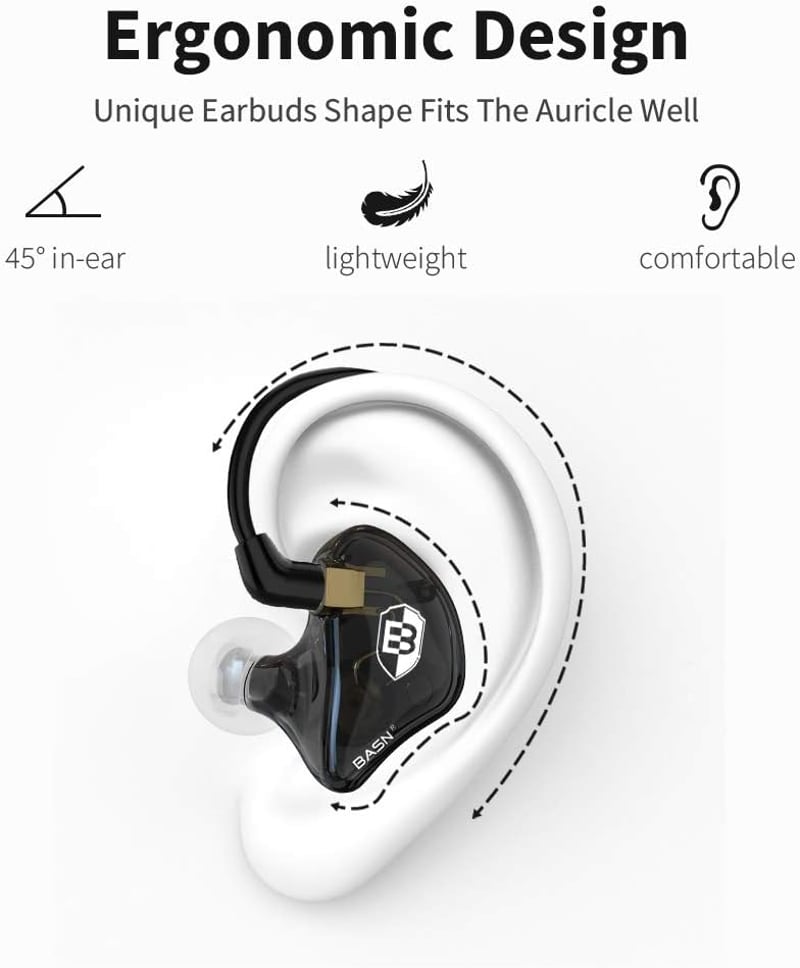 BASN in-Ear monitor fülhallgató fekete, zajszűrős, dupla dinamikus meghajtó, kivehető MMCX kábel, vezetékes művészeknek