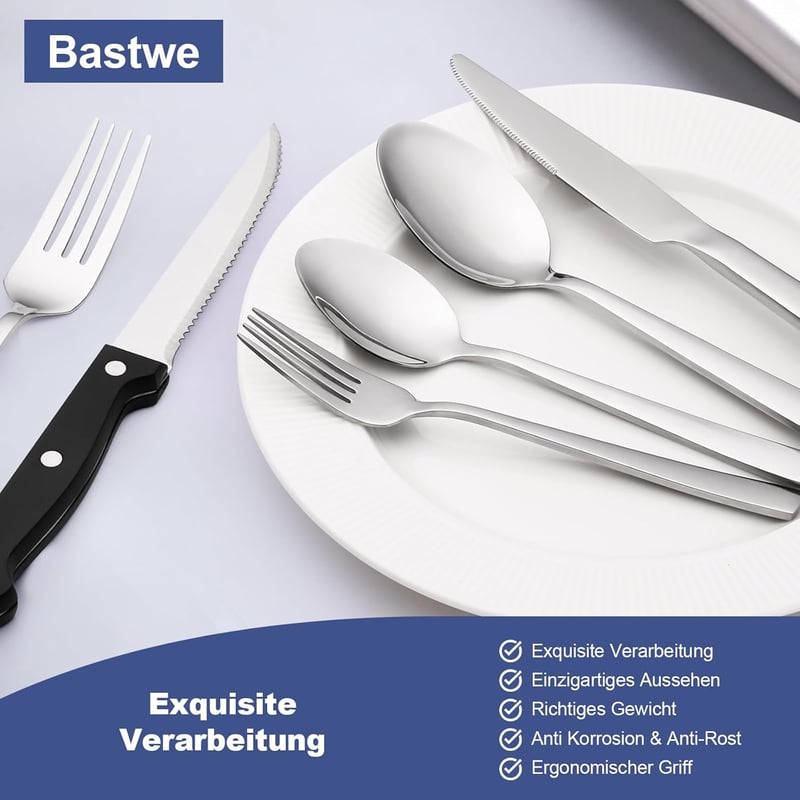 Bastwe 72 részes rozsdamentes evőeszköz készlet 12 személyre, kés, villa, kanál, mosogatógépben mosható