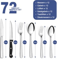 Bastwe 72 részes rozsdamentes evőeszköz készlet 12 személyre, kés, villa, kanál, mosogatógépben mosható 2