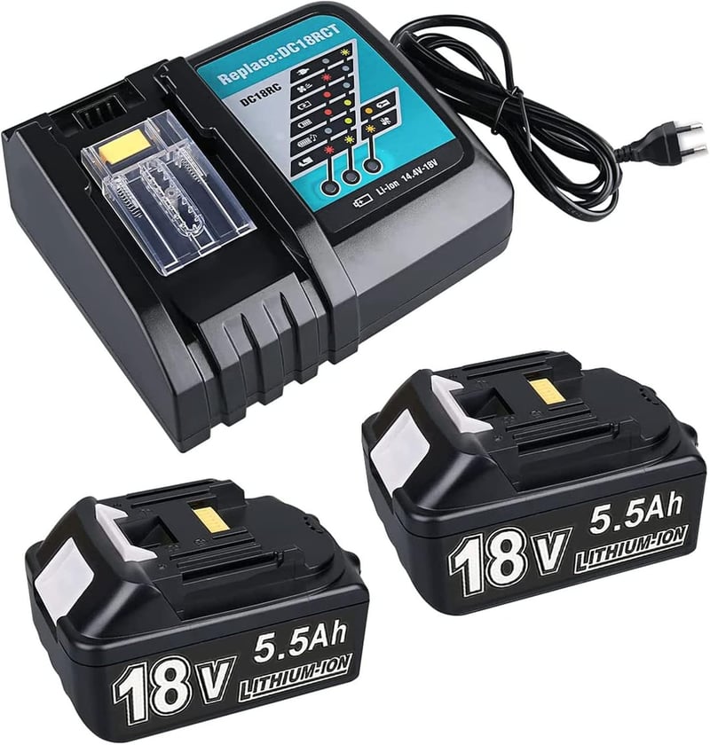 BATTOOL 18V 5500mAh Akkumulátor Szett - 2 db Li-ion Akku és DC18RC Töltő - Kompatibilis Makita BL1860 BL1850 BL1840 BL1830 LXT400 Szerszámok