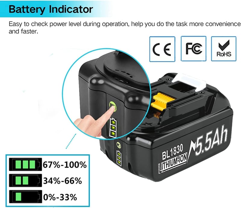 BATTOOL 18V Töltő + 2x 5500mAh Akkumulátor BL1840B BL1850B BL1860B Kompatibilis