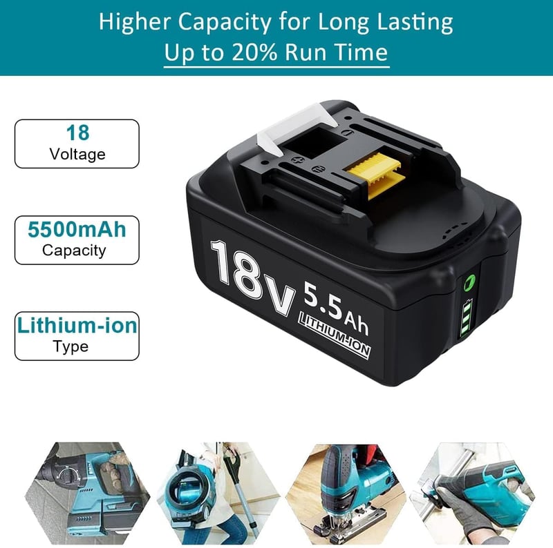 BATTOOL 2x 18V 5500mAh Akkumulátor BL1830 BL1860 Makita Kompatibilis Töltővel
