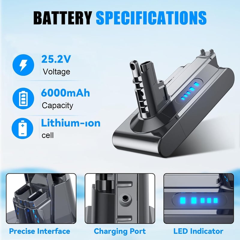 BATTOOL 6000 mAh V10 Pótakkumulátor Dyson Porszívókhoz - Kompatibilis Animal, Absolute, Motörhead, Fluffy, SV12 modellekkel - Szűrővel és Ke