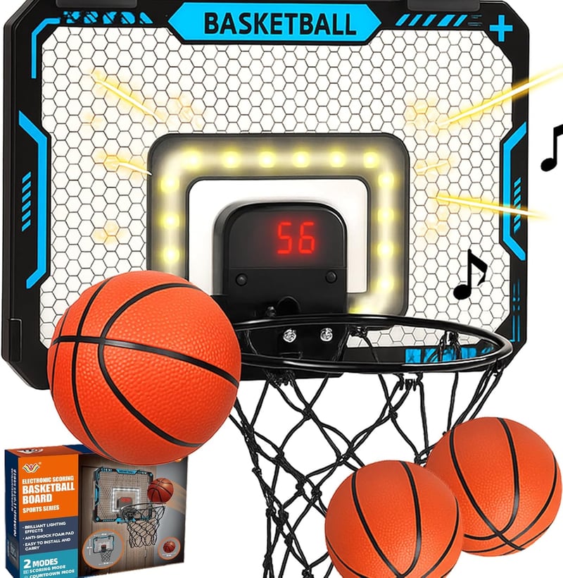 BATURU Mini Kosárlabda Palánk LED Kijelzővel, Hangeffektussal és 3 Labdával - 40cm*30cm, blue