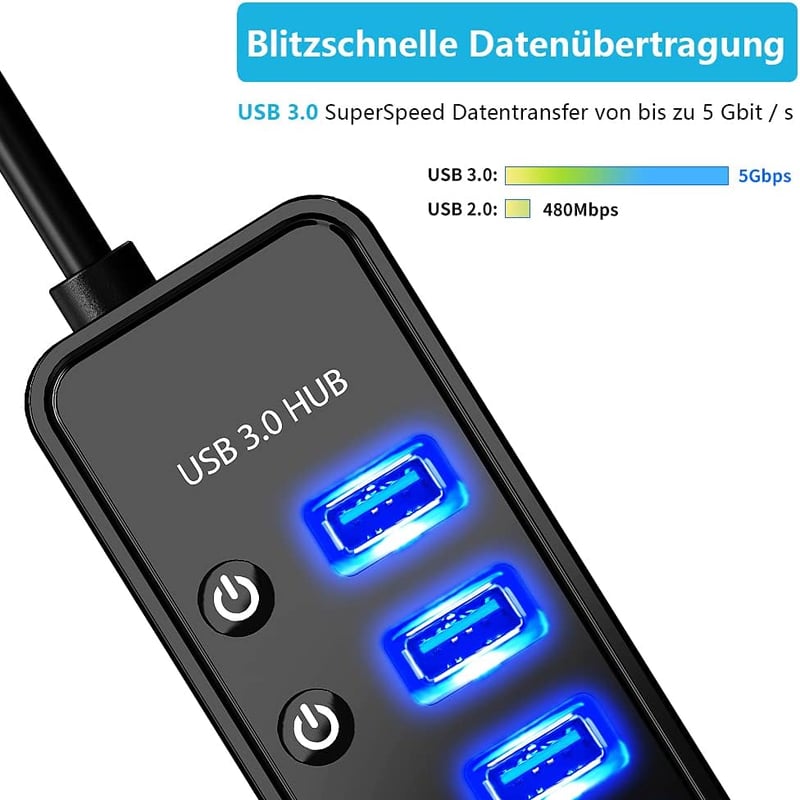 bauihr USB 3.0 Hub 7 portos adatátvitel, intelligens töltőport, 20W tápegység