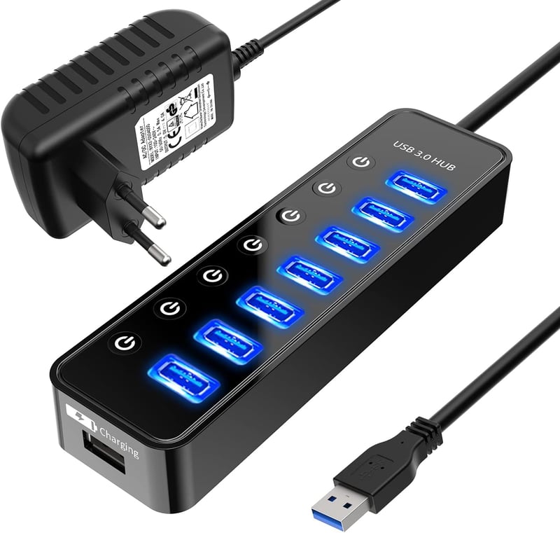 bauihr USB 3.0 Hub 7 portos adatátvitel, intelligens töltőport, 20W tápegység
