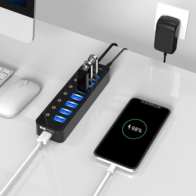 bauihr USB 3.0 Hub 7 portos adatátvitel, intelligens töltőport, 20W tápegység