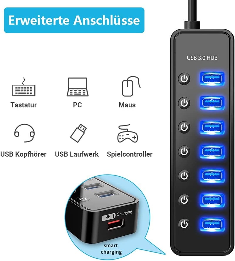 bauihr USB 3.0 Hub 7 portos adatátvitel, intelligens töltőport, 20W tápegység