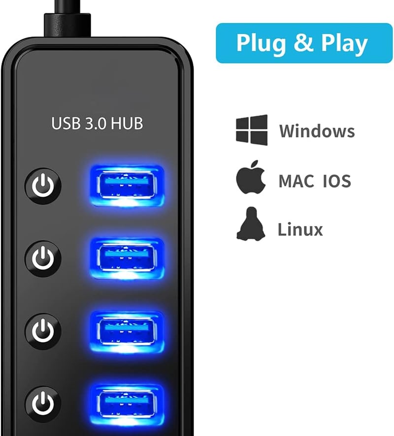 bauihr USB 3.0 Hub 7 portos adatátvitel, intelligens töltőport, 20W tápegység