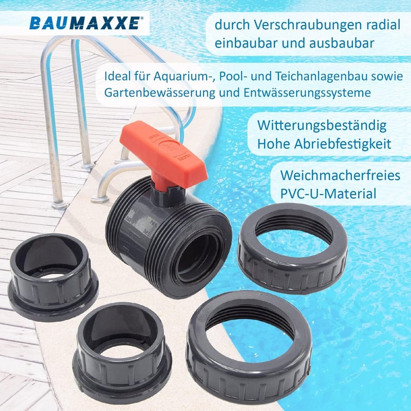 Baumaxxe PVC Gömbcsap 40mm 1 1/4 Hüvelyk AK Típus Ragasztható Idomokhoz Kétirányú Zárószelep Medence Tó Építés