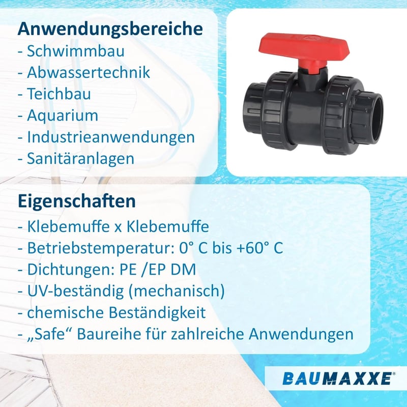 Baumaxxe PVC Gömbcsap 40mm 1 1/4 Hüvelyk AK Típus Ragasztható Idomokhoz Kétirányú Zárószelep Medence Tó Építés