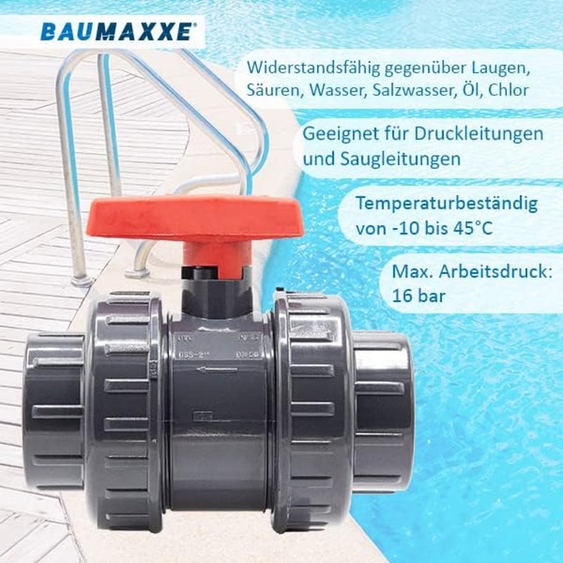 Baumaxxe PVC Gömbcsap 40mm 1 1/4 Hüvelyk AK Típus Ragasztható Idomokhoz Kétirányú Zárószelep Medence Tó Építés