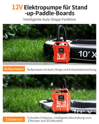 BAVIZZN 22PSI SUP pumpa, 12V DC dvojstupňová elektrická pumpa s funkciou automatického zastavenia na nafukovanie a vyfukovanie paddleboardov a nafukovacích člnov, oranžová, s 8 tryskami 5