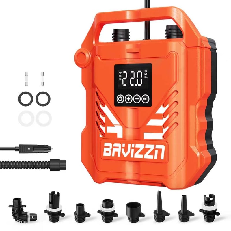 BAVIZZN 22PSI SUP pumpa, 12V DC dvojstupňová elektrická pumpa s funkciou automatického zastavenia na nafukovanie a vyfukovanie paddleboardov a nafukovacích člnov, oranžová, s 8 tryskami