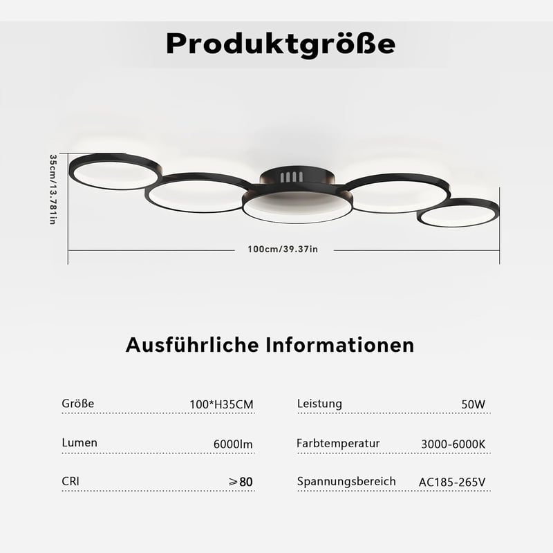 BAYHT Fekete Kerek LED Mennyezeti Lámpa 50W 6000LM - Távirányítós Fényerőszabályzós Világítás 3000K-6500K - Nappali, Hálószoba, Étkező