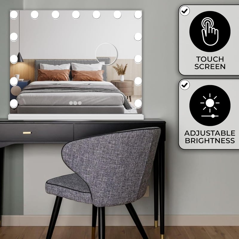 Bayt Hollywood Sminkasztal Tükör 58x46 cm LED Világítással - 18 Szabályozható Fényű Lámpa, 3 Fénymód, Érintőképernyő és 10x Nagyítótükör (Fe
